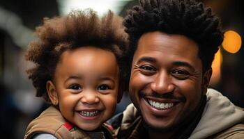 uma feliz africano família sorridente, União, e olhando às Câmera gerado de ai foto