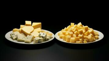 pilha do queijo em dois pratos isolado em Preto fundo. generativo ai foto