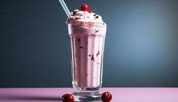 refrescante milkshake com açoitado creme, bagas, e chocolate indulgência gerado de ai foto