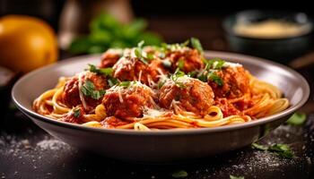 fresco caseiro massa com tomate molho, parmesão queijo, e salsinha gerado de ai foto