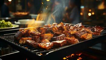 grelhado carne em fogo, uma gourmet churrasco festa ao ar livre gerado de ai foto
