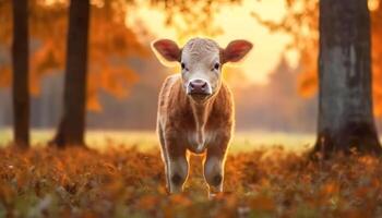 fofa vaca pastar em uma verde Prado às pôr do sol gerado de ai foto