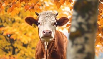 vaca pastar dentro uma verde Prado, cercado de natureza beleza gerado de ai foto