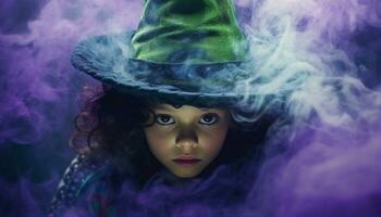 fofa bruxa menina dentro roxa traje sorrisos, fundição assustador feitiços gerado de ai foto