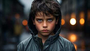 1 triste Garoto dentro a chuva, olhando às a Câmera gerado de ai foto