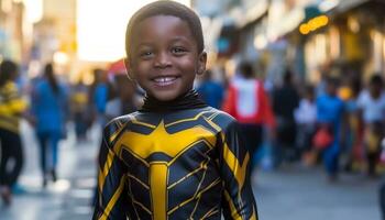 sorridente criança ao ar livre, alegre felicidade, africano etnia, olhando às Câmera gerado de ai foto