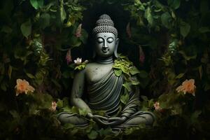 Buda estátua com lótus flor e verde folhas fundo ai gerado foto