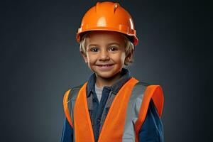 retrato do uma fofa pequeno Garoto dentro uma construção capacete ai gerado foto