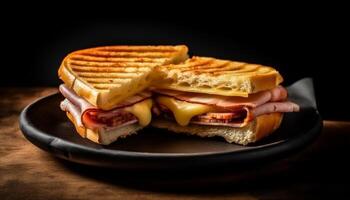 frescor em uma prato grelhado carne, torrado pão, gourmet sanduíche gerado de ai foto