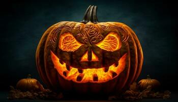abóbora lanterna brilhante, assustador noite, dia das Bruxas celebração, outono decoração gerado de ai foto