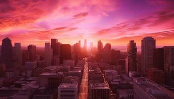 paisagem urbana do arranha-céus às pôr do sol, urbano Horizonte dentro a crepúsculo gerado de ai foto