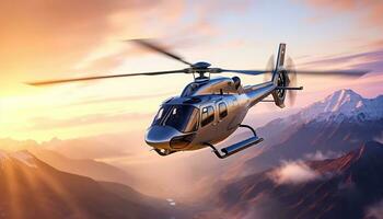 helicóptero vôo sobre montanha faixa, hélice fiação, natureza transporte gerado de ai foto