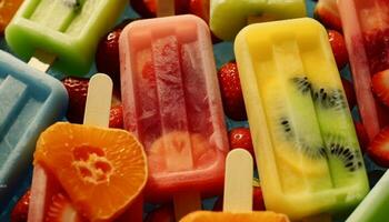 frescor do verão frutas, vibrante cores, indulgência dentro gourmet sobremesas gerado de ai foto