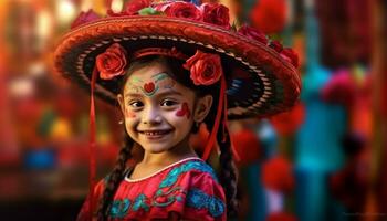 sorridente fofa menina dentro tradicional vestir comemora alegre indiano festival gerado de ai foto