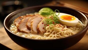 tigela do gourmet carne de porco sopa com ramen Macarrão e legumes gerado de ai foto