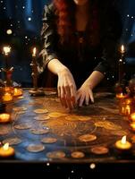 uma fortuna caixa lê tarot cartões. em a mesa estão velas e adivinhação objetos e faíscas. a conceito do adivinhação, astrologia e esoterismo foto