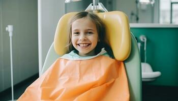 sorridente criança visitas dentista, especialista dentro dental cuidados de saúde e remédio gerado de ai foto
