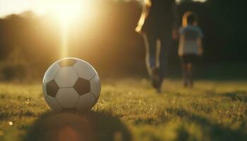 homens e mulheres jogando futebol em uma gramíneo campo às pôr do sol gerado de ai foto