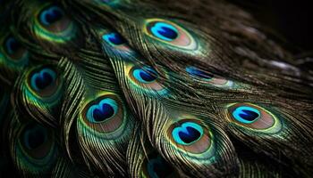 vibrante pavão pena vitrines natureza beleza dentro multi colori elegância gerado de ai foto