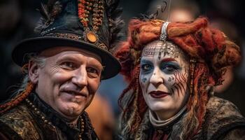 dois sorridente adultos dentro tradicional roupas comemoro uma colorida indígena festival gerado de ai foto