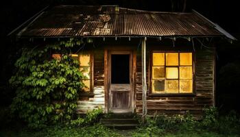 velho madeira cabana, abandonado cabana, rústico celeiro, assustador floresta panorama gerado de ai foto