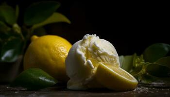 frescor do limão fruta em de madeira mesa, natureza gourmet orgânico gerado de ai foto