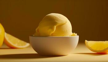 fresco amarelo limão fatia em uma branco tigela, refrescante verão lanche gerado de ai foto