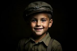 retrato do uma fofa pequeno Garoto dentro militares uniforme em Sombrio fundo ai gerado foto