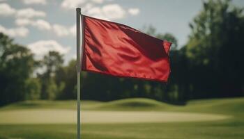 patriótico golfe bandeira acenando dentro a verde Prado gerado de ai foto