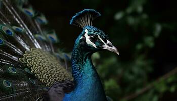 majestoso pavão monitores vibrante cores, exibindo Está elegância e beleza gerado de ai foto