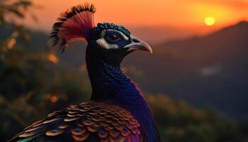 majestoso pavão monitores vibrante cores dentro natureza lindo pôr do sol gerado de ai foto