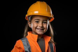 retrato do uma sorridente pequeno menina dentro uma construção capacete ai gerado foto