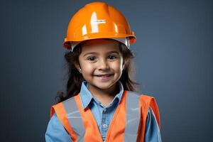 retrato do uma sorridente pequeno menina dentro uma construção capacete ai gerado foto