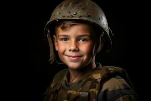 retrato do uma fofa pequeno Garoto dentro militares uniforme em Sombrio fundo ai gerado foto