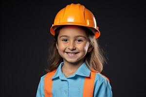 retrato do uma sorridente pequeno menina dentro uma construção capacete ai gerado foto