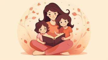 uma mãe lê uma história livro para dela criança. generativo ai foto