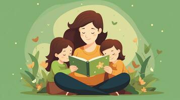 uma mãe lendo uma livro com dela criança. generativo ai foto
