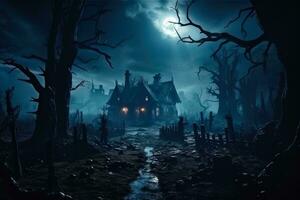 Horror dia das Bruxas assombrada casa localizado dentro uma arrepiante noite floresta foto