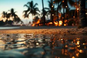 pôr do sol Tempo em a tropical de praia e mar com coco Palma árvore foto