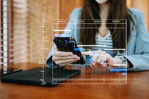 gerente de projeto trabalhando e atualizando tarefas com planejamento de progresso de marcos e diagrama de programação de gráfico de Gantt. negócios trabalhando com smartphone, tablet e laptop foto