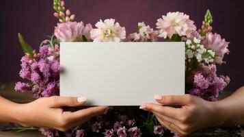 fêmea mãos segurando uma em branco cartão com uma ramalhete do flores foto