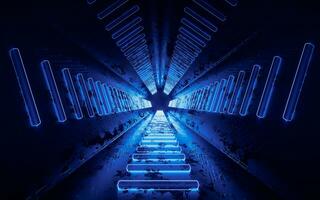 Sombrio túnel com brilhando néon linhas, 3d Renderização. foto