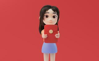 pequeno menina segurando vermelho pacote com desenho animado estilo, 3d Renderização. foto