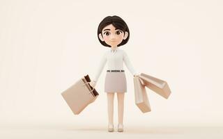 desenho animado menina com compras bolsas dentro mão, 3d Renderização. foto