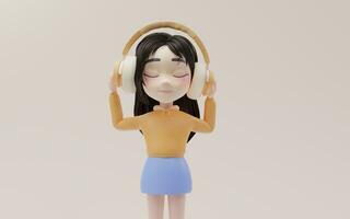 pequeno menina ouvindo para música com desenho animado estilo, 3d Renderização. foto