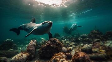 uma golfinho preso dentro uma plástico saco dentro a oceano. de Meio Ambiente proteção. generativo ai foto