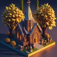 pequeno de madeira Igreja em a fundo do a floresta 3d ilustração de ai gerado foto