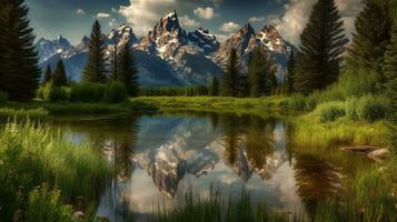 Visão do montar moran dentro grande Teton nacional parque panorama. ai generativo foto