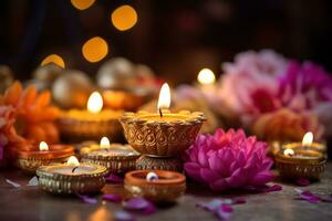 diya lâmpadas estão aceso durante a celebração do diwali com flores dentro a fundo. ai generativo foto