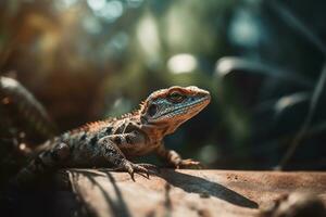 lagarto banhos de sol em a chão. fechar-se. ai generativo foto